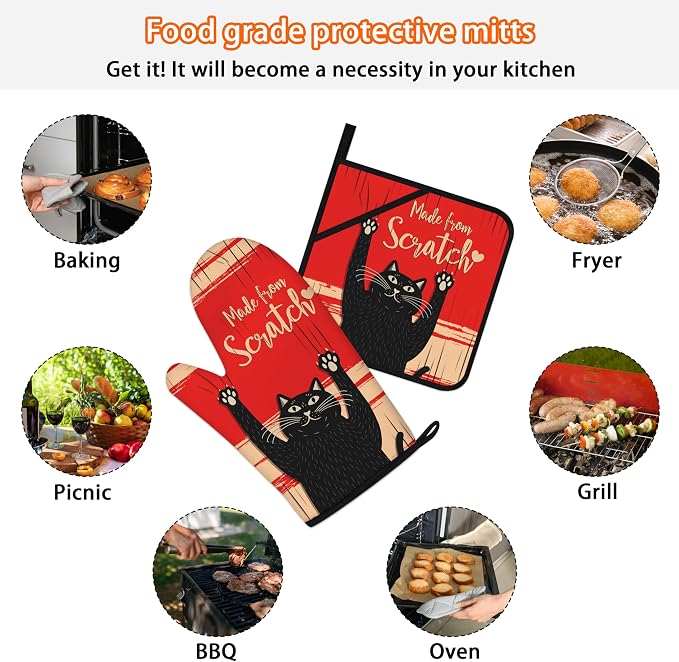 Funny Cat Oven Mitts and Pot Holders Sets Red Black Kitchen Decor Cute Cat - Image 7