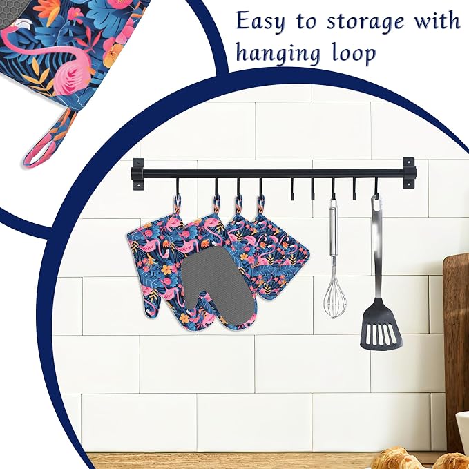 Oven Mitts and Pot Holders Sets Flamingo Tropical Flower Silicone Kitchen Mits - Image 3