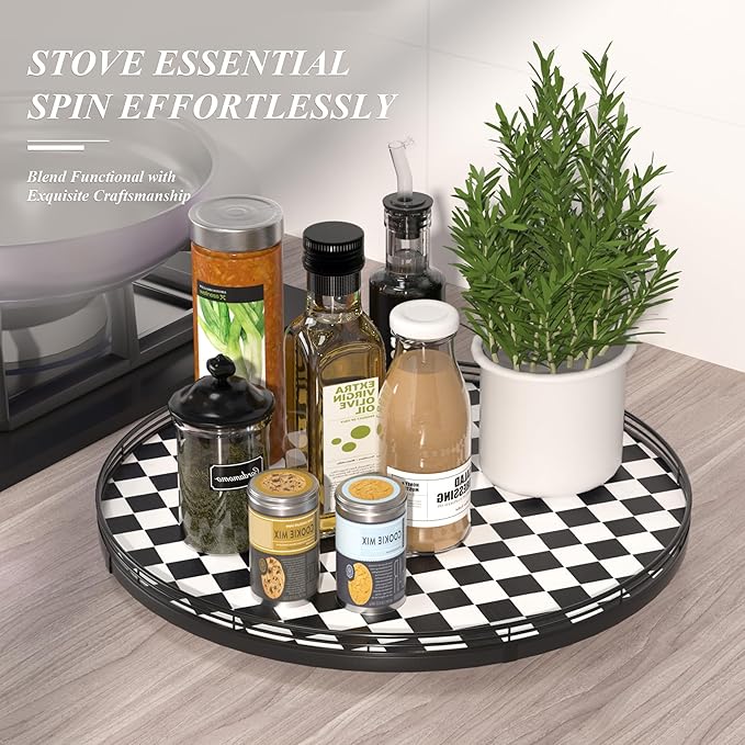 18" Black and White Kitchen Lazy Susan Turntable, Round Checkered Decorative - Image 5