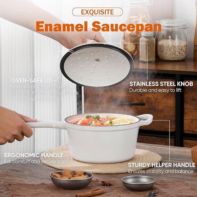 Homikit Small Cast Iron Pot, 2 Quart Enameled Cast Iron Sauce Pan - Image 8