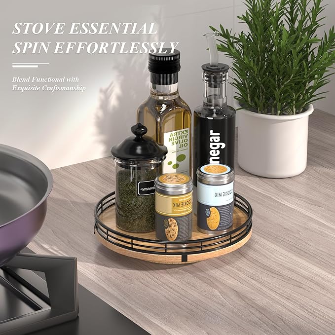 9" Oak Wood Lazy Susan Turntable Organizer - Image 2