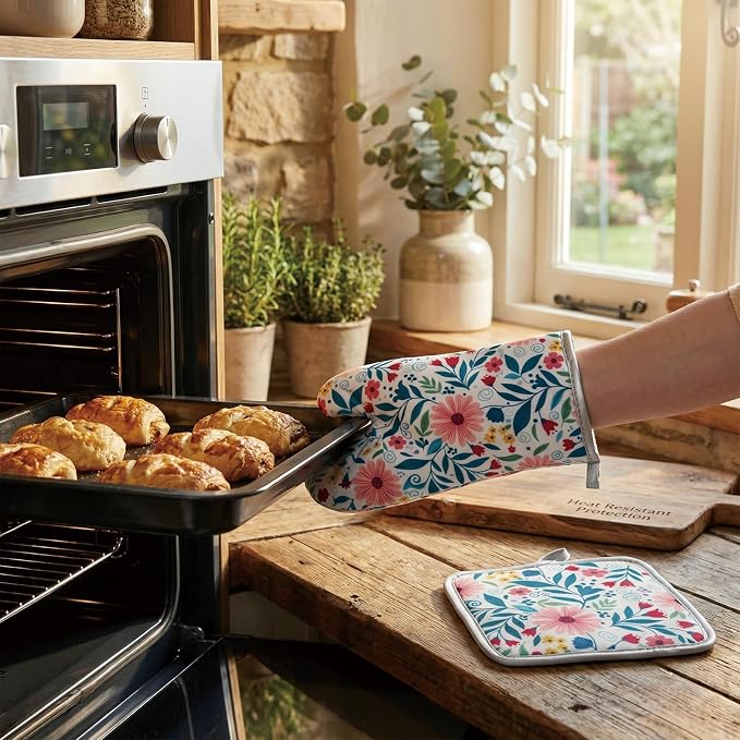 Floral Oven Mitts and Pot Holders Sets 2 Pcs, Canvas Heat Resistant Kitchen - Image 5