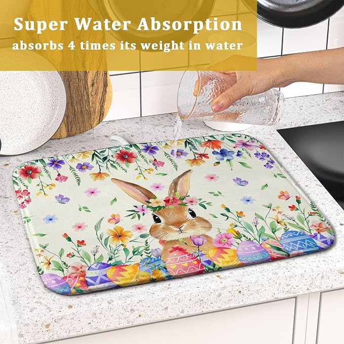 Giwawa Easter Rabbit Dish Drying Mat Spring Flower Dish Drainer Rack Mats 16x18 - Image 7