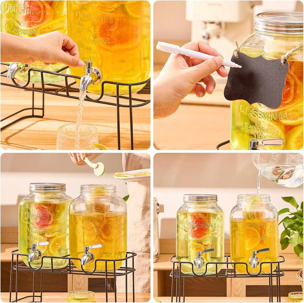 1 Gallon Glass Drink Dispensers for Parties, 2 Pack Beverage Dispenser