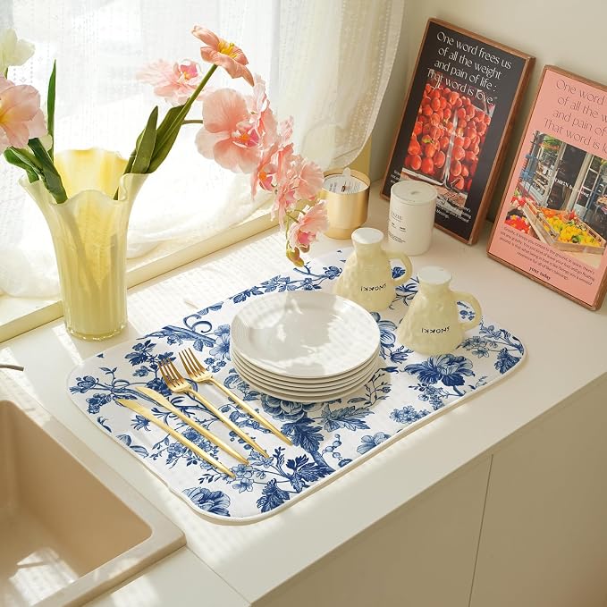 Vintage Blue Dish Drying Mat 18x24 Inch Chinoiserie Navy Blue Floral Drying Mat - Image 5