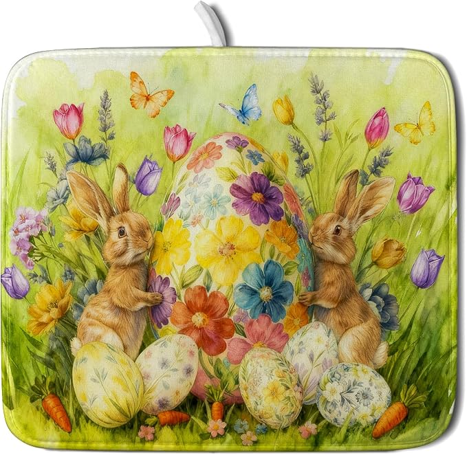 Easter Dish Drying Mat for Kitchen Counter Spring Bunny Microfiber Countertop by Giwawa
