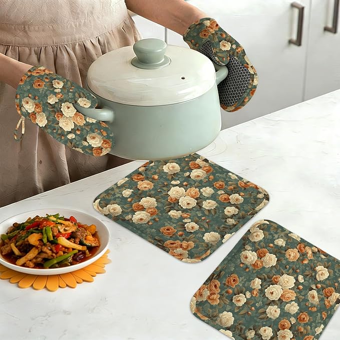 Vintage Rose Flower Oven Mitts and Pot Holders Set of 4, Retro Floral Kitchen - Image 7