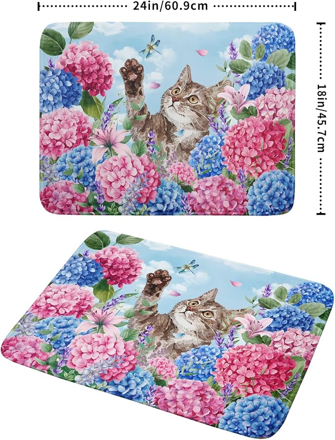 Cute Cat Dish Drying Mats for Kitchen Counter Hydrangea Floral Absorbent Drying - Image 2