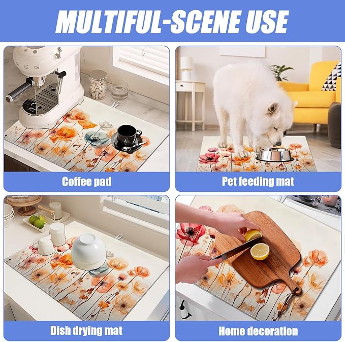 Poppy Dish Drying Mat for Kitchen Counter Wild Flower Drying Pad Absorbent - Image 7