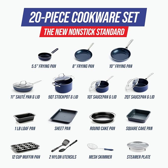 Blue Diamond 20 Piece Nonstick Cookware Set, Diamond Ceramic Pots & Pans - Image 4