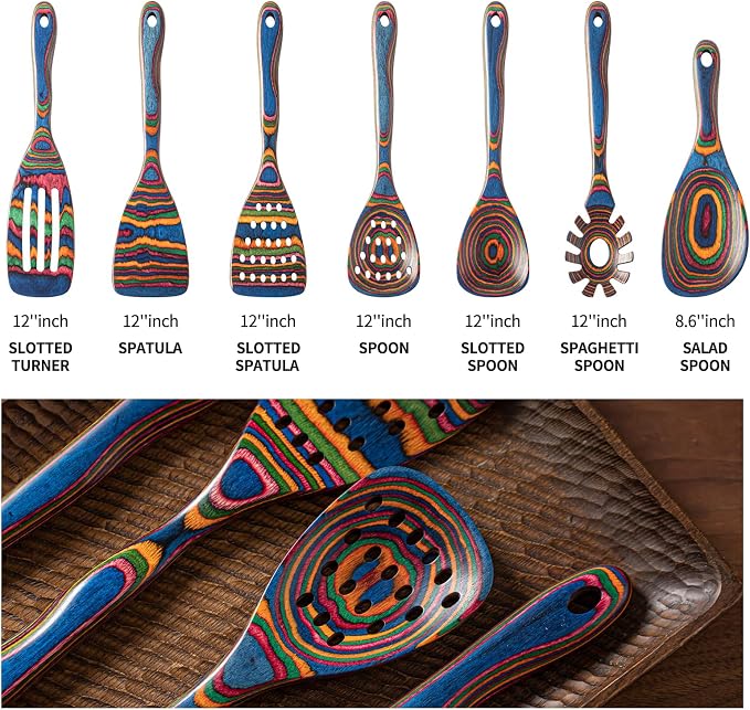 Gudamaye Pakka wood 7-Piece Blue Wooden Cooking Utensils, Wooden Spoons - Image 3