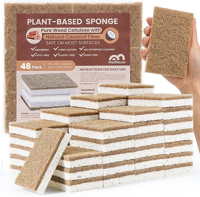 Metflavor 48 Pack Natural Kitchen Sponges, Biodegradable Non-Scratch Cellulose by Metflavor
