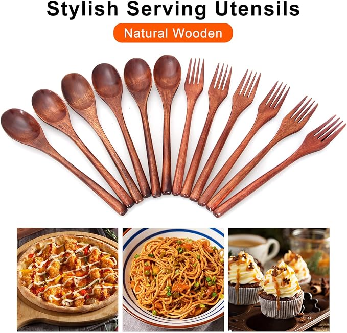 12 Pieces Wooden Forks and Spoons - Image 2