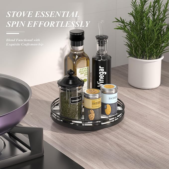 Black and White Kitchen Lazy Susan Turntable – Checkered Round Decorative Tray - Image 2