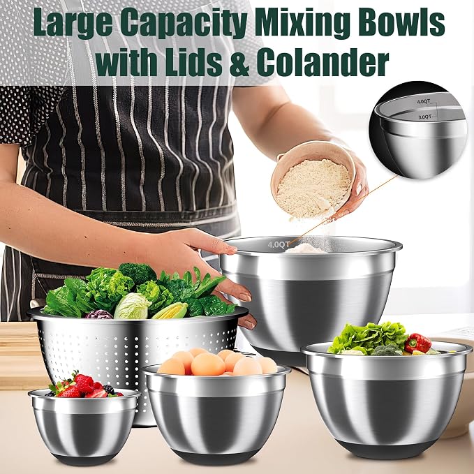 Mixing Bowls with Airtight Lids Set, 4 Stainless Steel Bowls Nesting Bowls & - Image 4