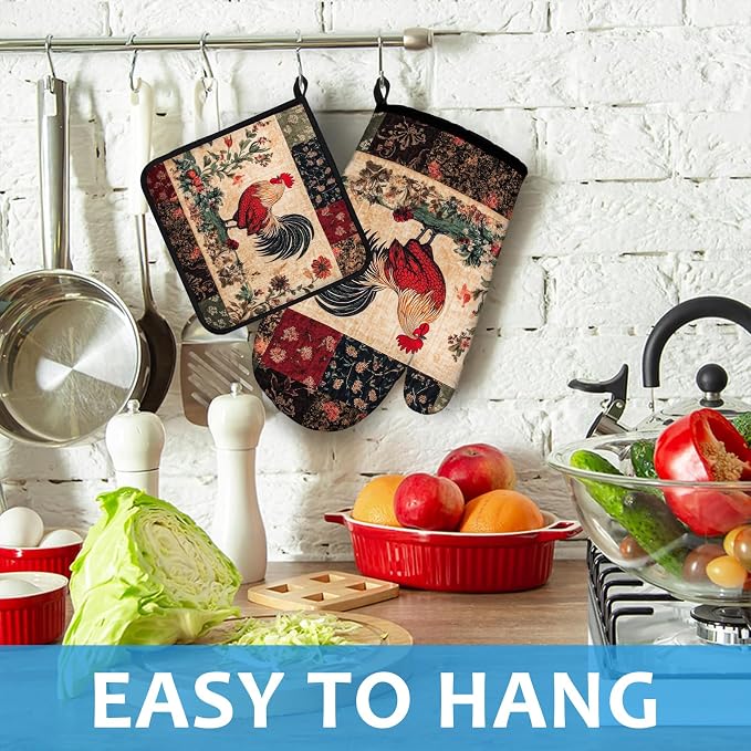 Rustic Rooster Oven Mitts and Pot Holders Sets Heat Resistant 4Pcs Potholders - Image 4
