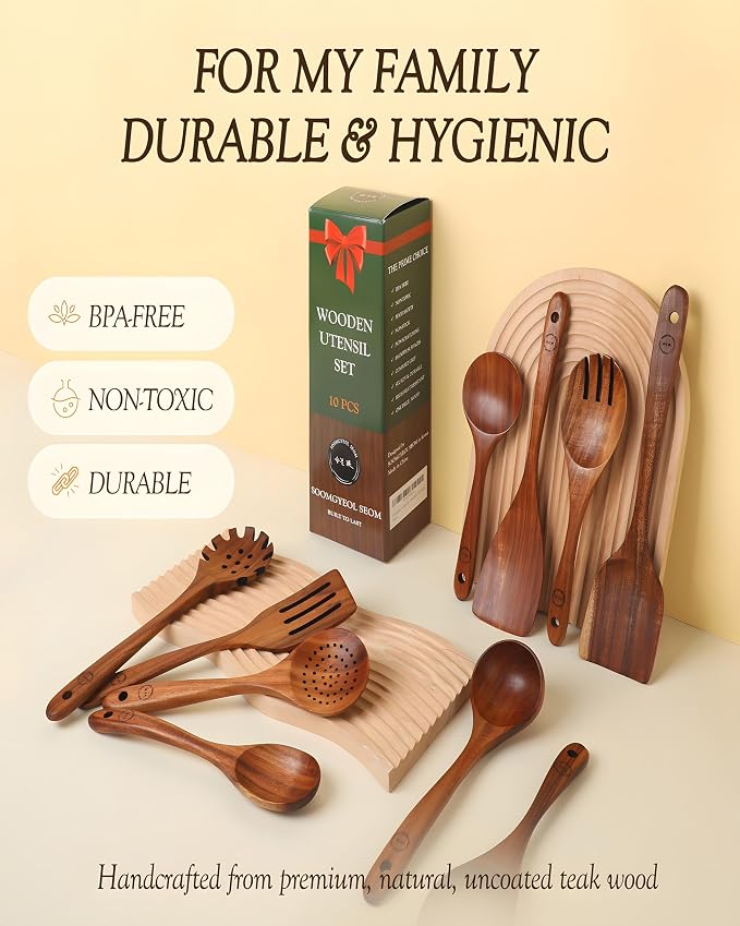 10-Piece Natural Teak Wood Utensil Set - Image 5