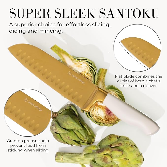 White and Gold Knife Set with Block - Image 8