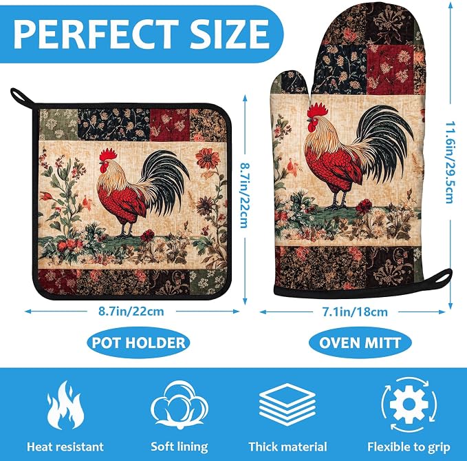 Rustic Rooster Oven Mitts and Pot Holders Sets Heat Resistant 4Pcs Potholders - Image 2