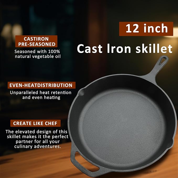 12 Inch Cast Iron Skillet, Pre-Seasoned Frying Pan - Image 3