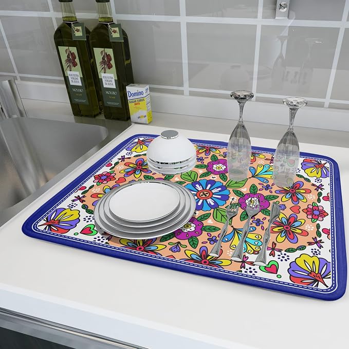 Mexican Talavera Dish Drying Mat Navy Blue Large Microfiber Dish Drain Pad - Image 6