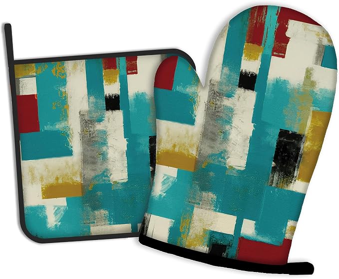 Painting with Red White Black and Yellow Oven Mitts and Pot Holders Kitchen by Oeaskly
