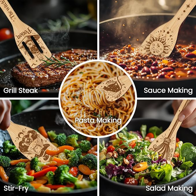 CUTHOLLOW 6PCS Magic Witch and Broom Wooden Kitchen Cooking Utensil Set - Image 4