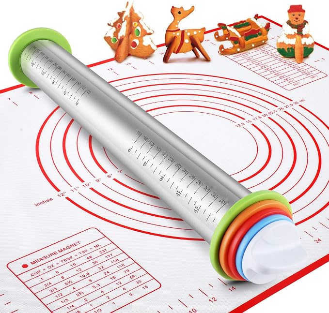 Stainless Steel Rolling Pin and Silicone Mat Set, Adjustable Thickness Rings by Vinoil