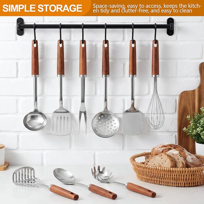 9PCS 18/8 Stainless Steel Kitchen Utensils Set, Heavy Duty Wooden Handle - Image 8