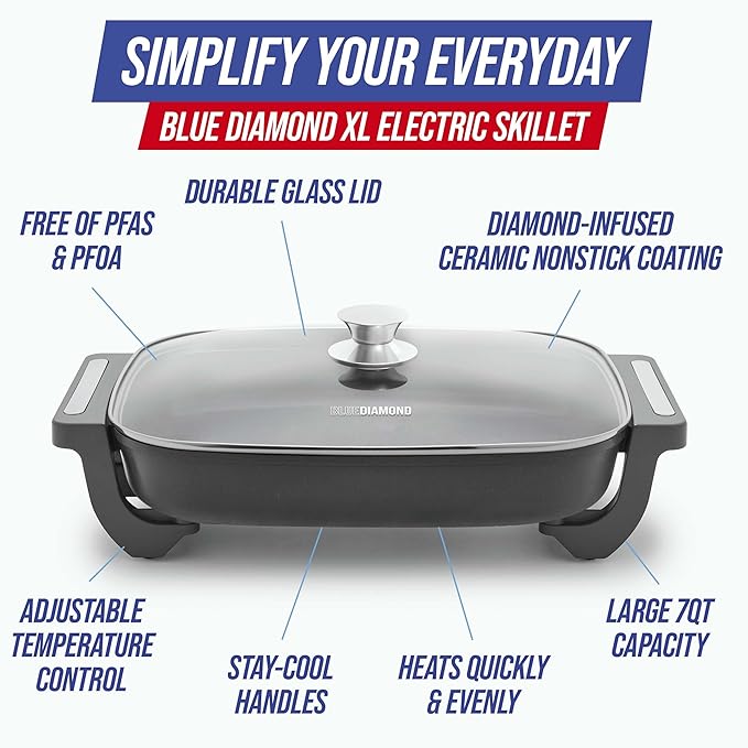 Blue Diamond 7QT 5-in-1 Extra Large Electric Skillet, Healthy Ceramic Nonstick - Image 3