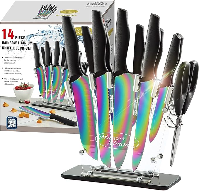 Marco Almond® Knife Block Set, 14-Piece Rainbow Color Stainless Steel Knife Sets by MarcoAlmond