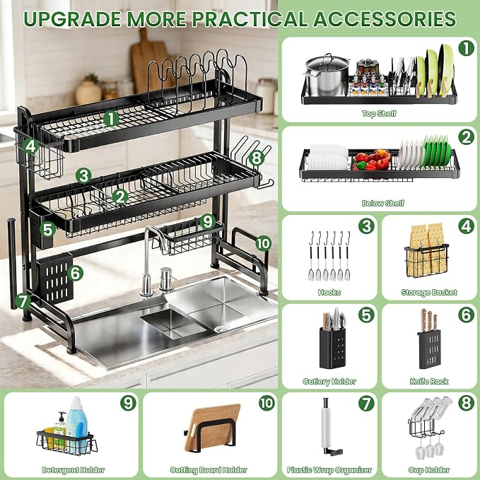 Over The Sink Dish Drying Rack, Adjustable 3 Tier Large Capacity Stainless - Image 3