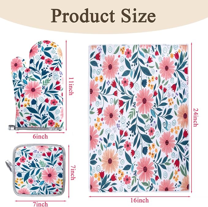 3 Piece Kitchen Towels and Oven Mitts Sets, Absorbent Microfiber Dish Towel - Image 2