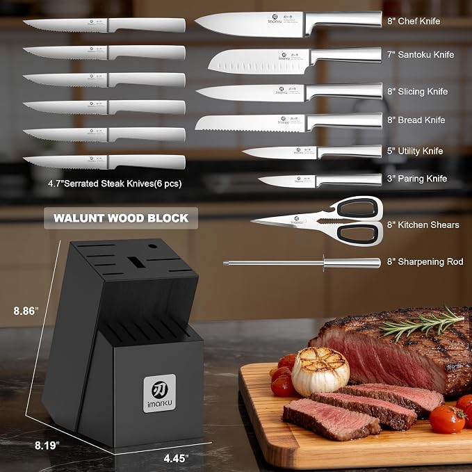 imarku 15-Piece Knife Block Set Built-in Sharpener, Japanese High Carbon - Image 2