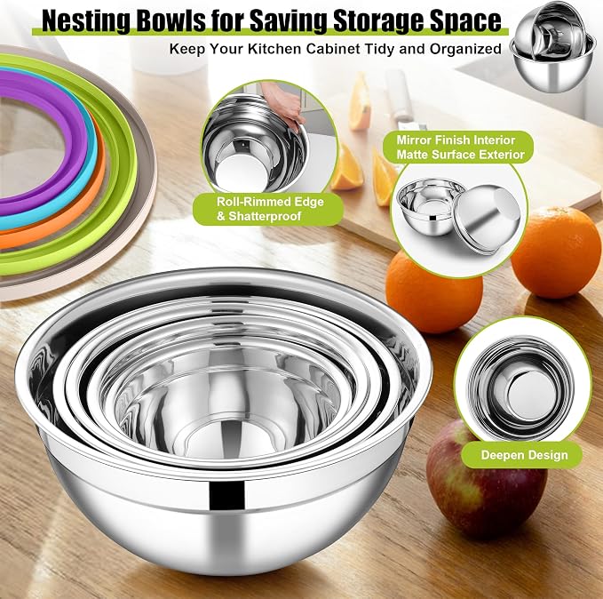 E-far Mixing Bowls with Lids Set of 5, Stainless Steel Salad Mixing Bowl with - Image 4