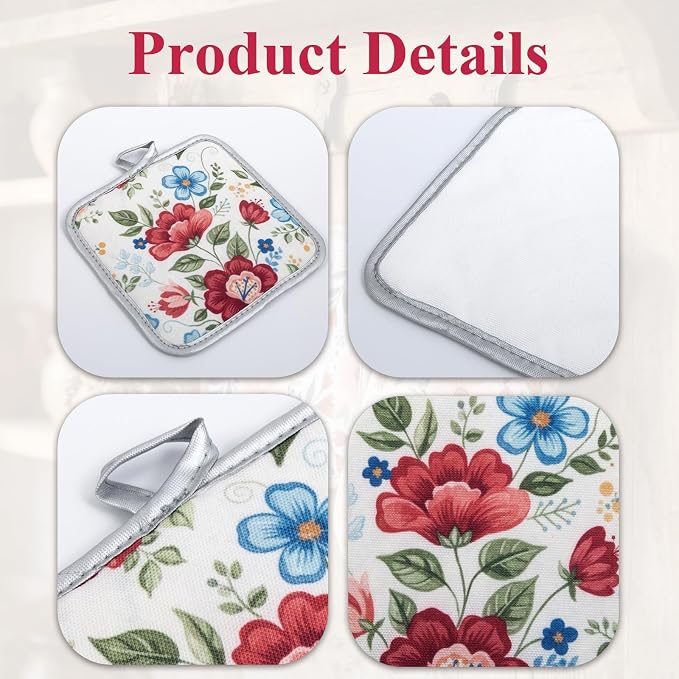 Floral Oven Mitts and Pot Holders Sets 2 Pcs, Canvas Heat Resistant Kitchen - Image 4