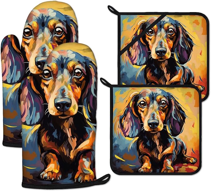 Watercolor Dog Oven Mitts and Pot Holders Sets Heat Resistant 4Pcs Potholders by ANTJOO