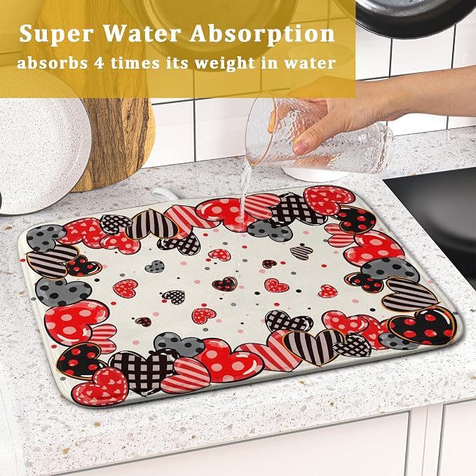 Red Heart Dish Drying Mat 16"x18" Love Dots Microfiber Dish Drainer Rack Mat - Image 7