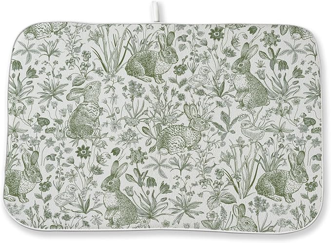 Easter Dish Drying Mat 18 x 24 Inch Sage Green Bunny Floral Drying Mat by Sorktse
