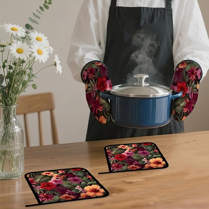 Tropical Palm Leaf Oven Mitts and Pot Holders Set, Hibiscus Kitchen Oven Gloves - Image 7