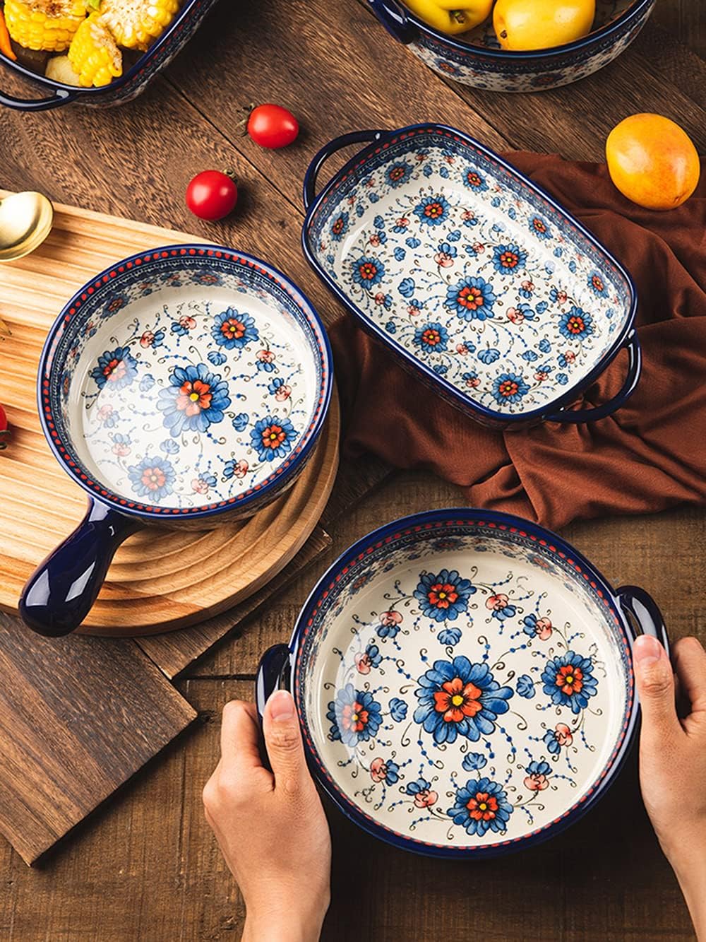 Blue and Orange Flower Vintage Style Ceramic Bakeware Casserole Dish