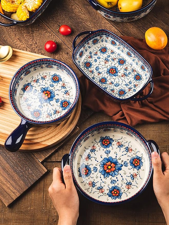 Blue and Orange Flower Vintage Style Ceramic Bakeware Casserole Dish Baking Pan - Image 3
