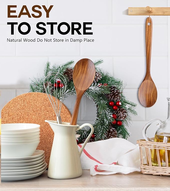 Wooden Spoons for Cooking, Natural Premium Teak Wooden Spoons, Good Grip Large - Image 6