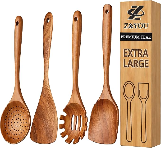 Extra-Large 4-Piece Teak Wooden Utensil Set – Non-Stick Wooden Spatula by Unknown