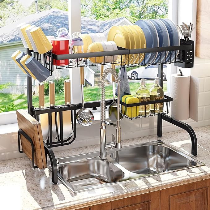 SAYZH Over The Sink Dish Drying Rack, Adjustable 2 Tier Metal Steel Dish Drying - Image 2