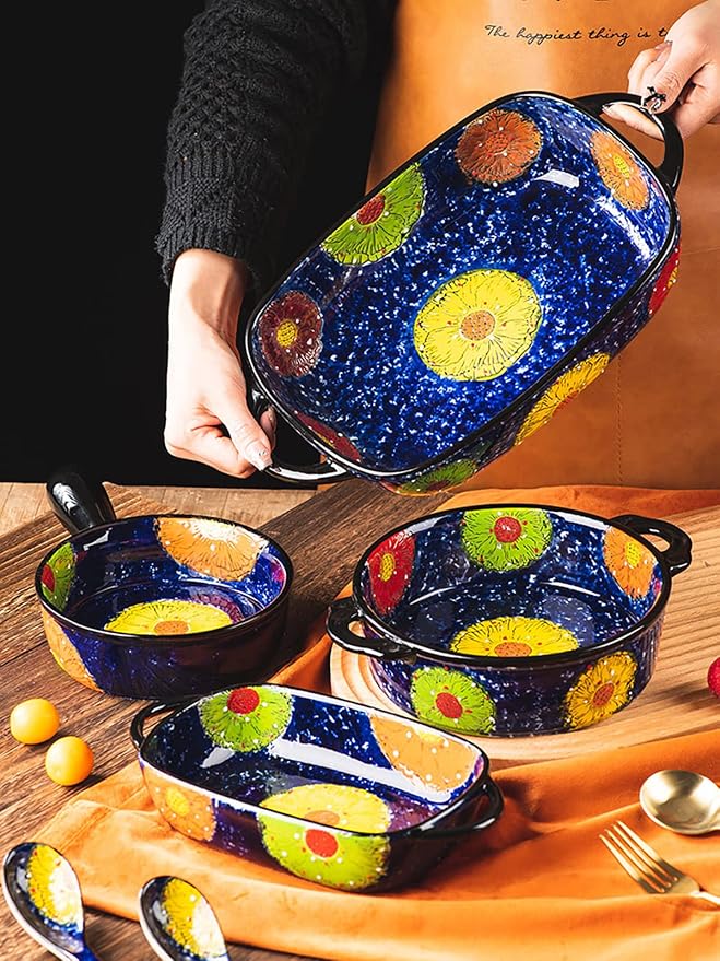Vintage Style Pottery Bakeware Colorful Daisy Pattern Ceramic Casserole Dish - Image 4