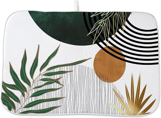 Mid Century Dish Drying Mat 18x24 Inch Boho Green Gold Tropical Leaf Sunset by OFIRD