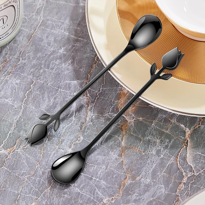 Black Tulip/Rose Handle 12-Pcs Mini Coffee Spoons Set - Image 7