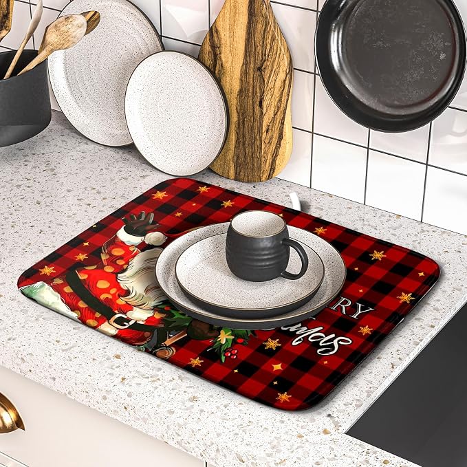 Merry Christmas Santa Claus Red Buffalo Plaid Dish Drying Mat - Image 5