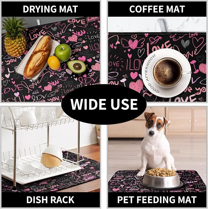 Mother's Day Dish Drying Mat for Kitchen Counter Love Heart Black Drying Mats - Image 7